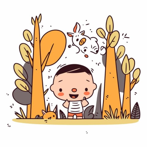 Cute little boy playing in the autumn forest.