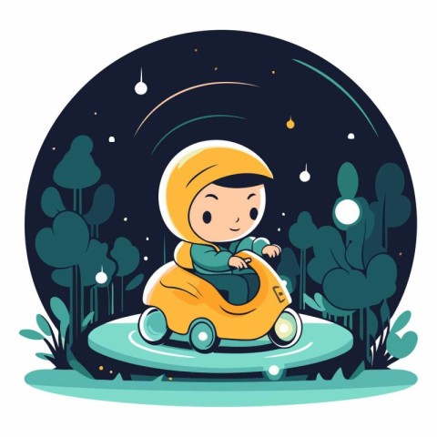 Illustration of a Cute Little Boy Riding a Car in the Night