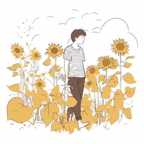 Vector illustration of a boy in a field of sunflowers.