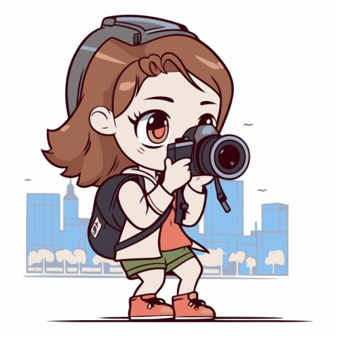 Cute little girl with a camera in the city