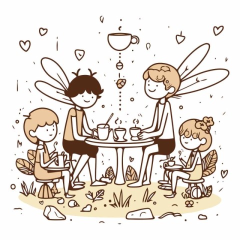 Happy family drinking tea in the garden. Hand drawn vector illus