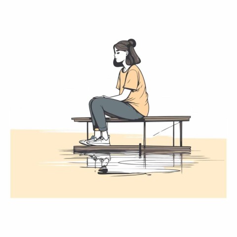 Young woman sitting on a bench in sketch style.