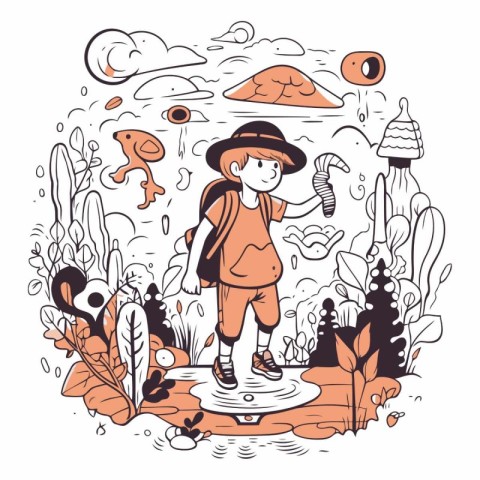 Vector hand drawn illustration of a little boy hiking in the par