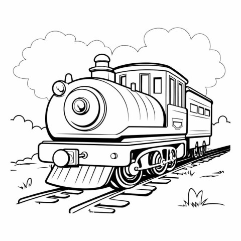 Steam locomotive on the rails. Black and white vector illustrati