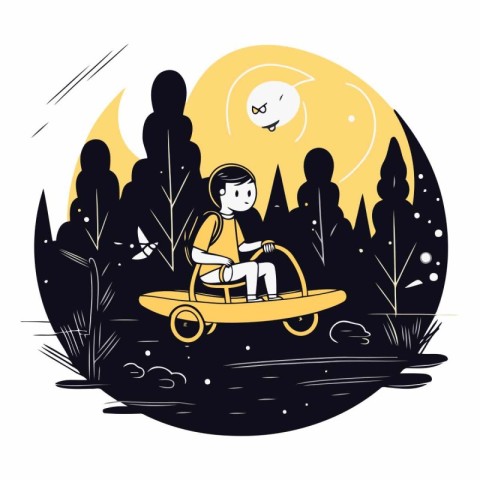 Boy riding a bicycle in the forest in flat style