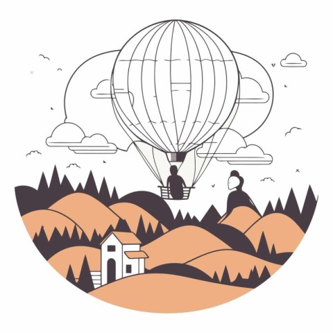 Hot air balloon in the sky in flat style.