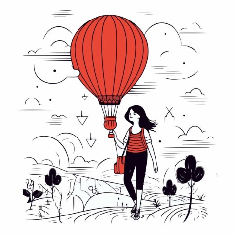 Vector illustration of a girl flying on a hot air balloon over t