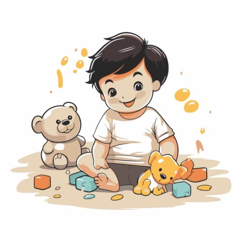 Cute boy playing with teddy bears. Vector cartoon illustration.