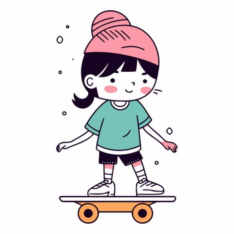 Cute Cartoon Girl Skateboarder Character Vector Illustration.