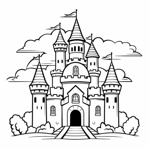 Fairytale castle. Black and white vector illustration for colori