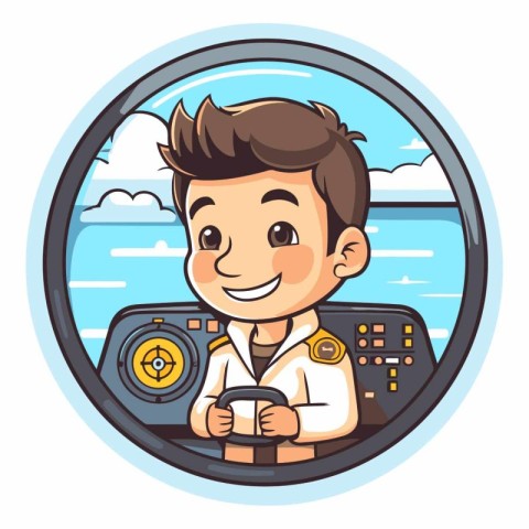 Pilot boy in a porthole. Vector cartoon illustration.