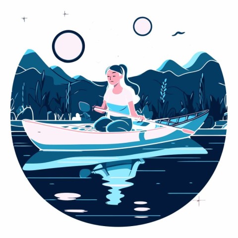 Young woman paddling a canoe on the lake.