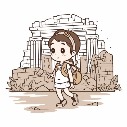 Illustration of a Kid Girl Walking in the Ancient City of Athens