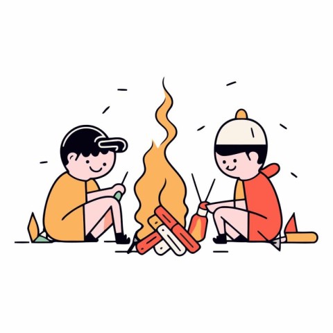 Camping with fire in doodle style.