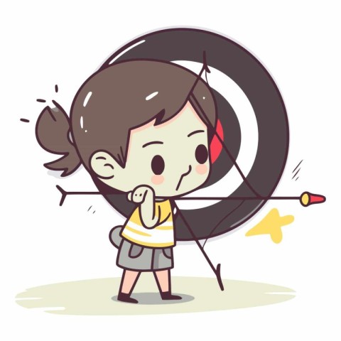 Cute girl aiming with bow and arrow cartoon vector Illustration.