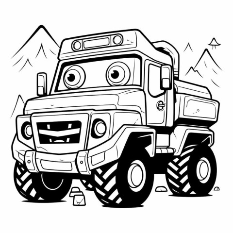 illustration of a monster truck in the mountains.