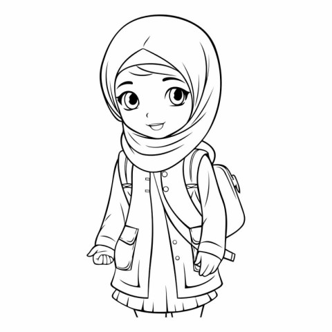 Cute muslim girl in hijab for coloring book.