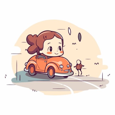 Vector illustration of little girl driving a car on the road. Cu