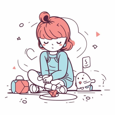 Little girl playing with toys in doodle style.