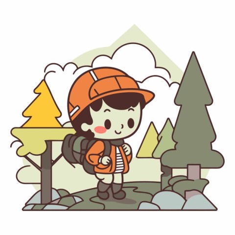 Boy scout with a backpack and helmet in the forest.