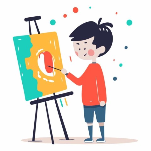 Cute boy painting on easel. Flat style vector illustration.