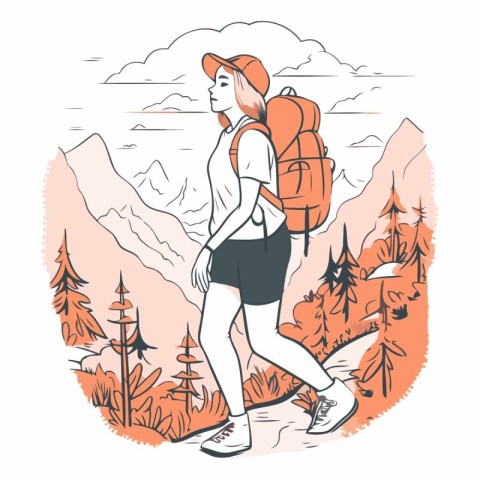 Hiking girl with a backpack in the mountains.