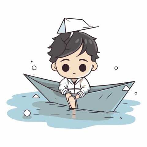 Cute boy sailing on a paper boat. vector cartoon illustration.