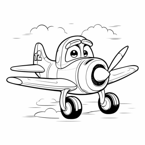 Black and White Cartoon Illustration of Cute Little Airplane Cha