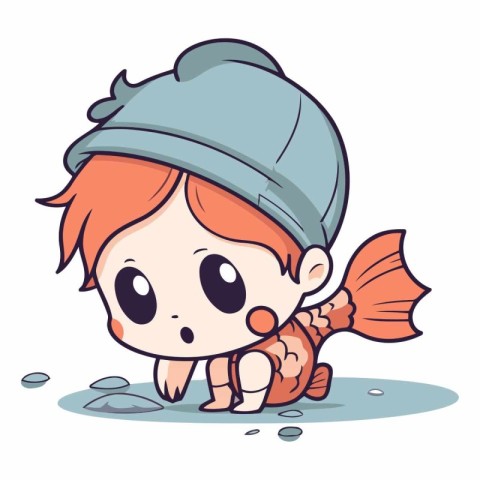 Illustration of a Cute Little Boy Holding a Cute Fish