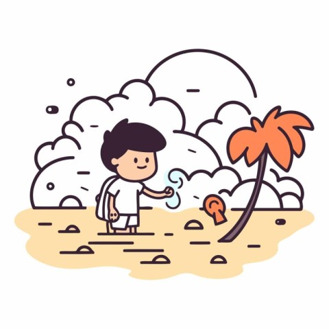 Vector illustration of a boy playing on the beach. Line art styl