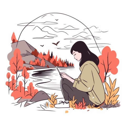 Young woman sitting on the lake shore and reading a book