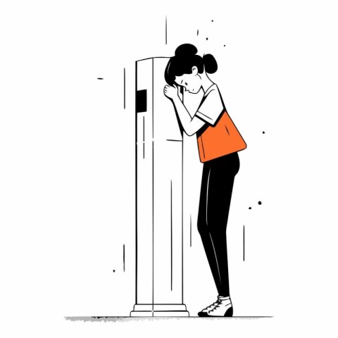 Vector illustration of a woman standing in front of a building.