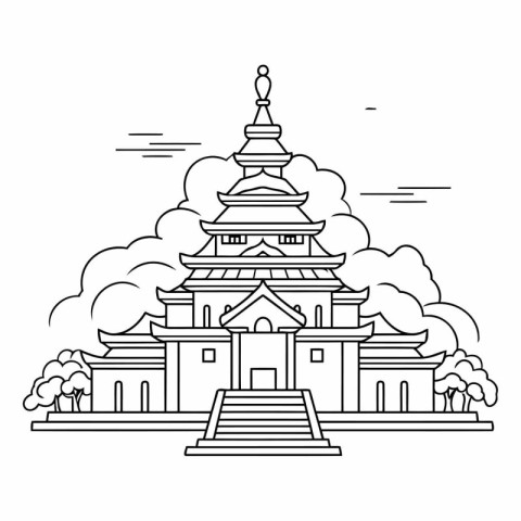 chinese temple building icon cartoon isolated black and white ve