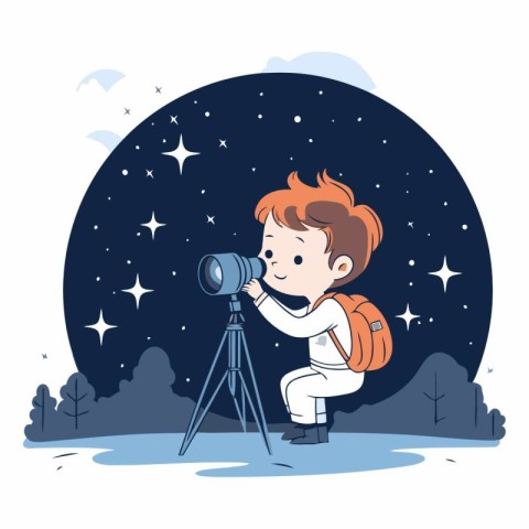 Cute little boy with camera in the starry night.