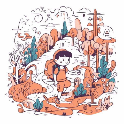 Cute cartoon boy hiking in the forest. Hand drawn vector illustr