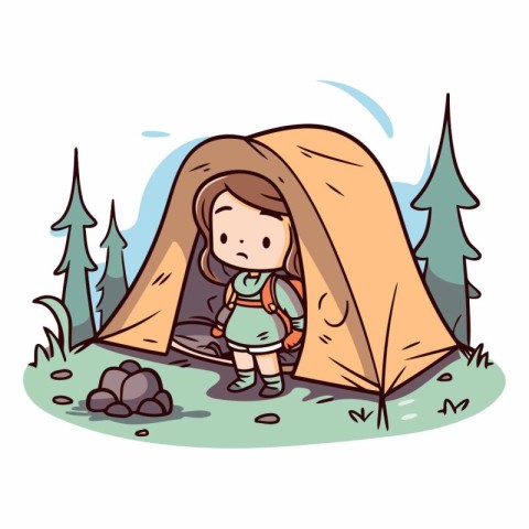 Cute little girl in a tent on the nature.