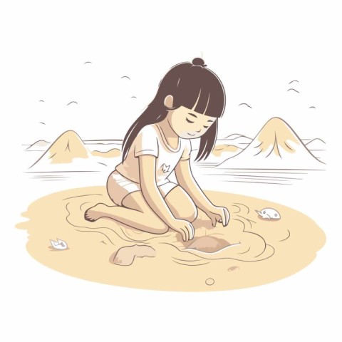 Cute little girl playing with sand on the beach