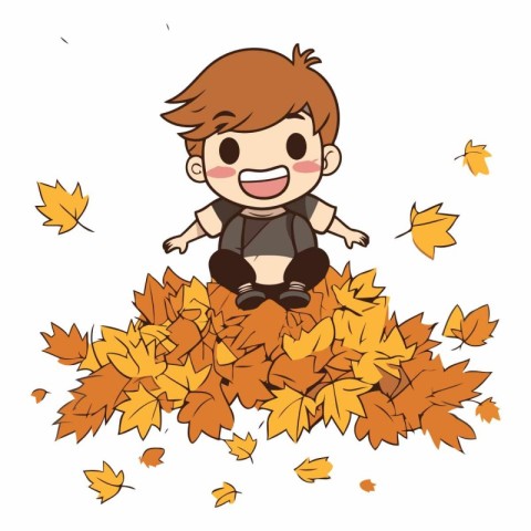 cute little boy sitting on a pile of autumn leaves