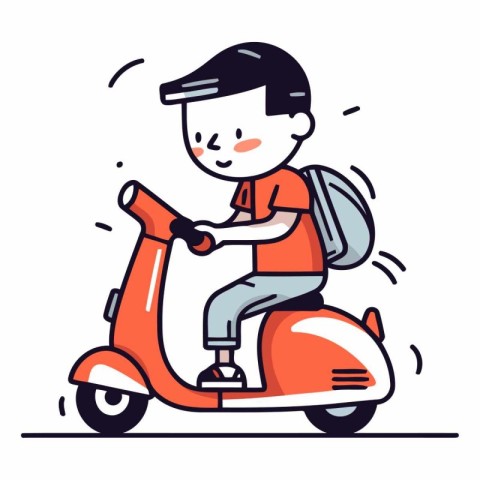 Cute boy riding scooter in flat cartoon style.