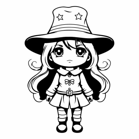 Black and White Cartoon Illustration of Cute Little Pirate Girl