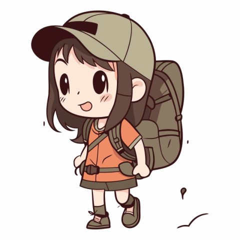 Cute Cartoon Girl Hiking with Backpack.