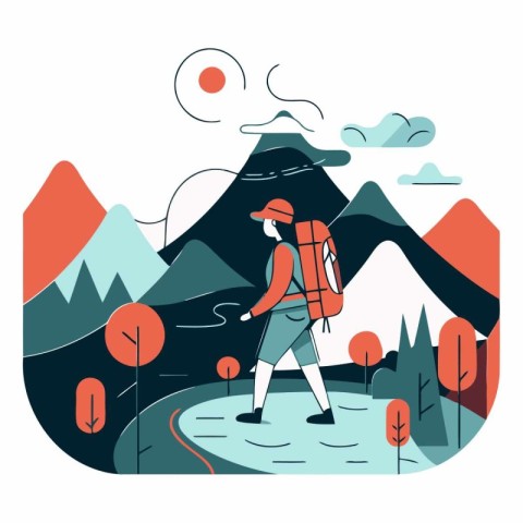 Vector illustration of hiker with backpack walking in the mounta