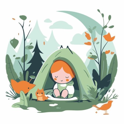 Cute little girl sitting in her camping tent.