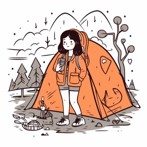 Camping girl of a girl in a red jacket standing near the tent.