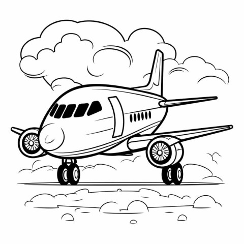 Airplane on the background of clouds. Black and white vector ill