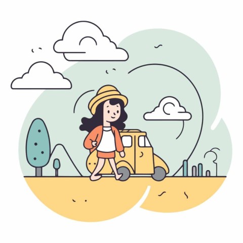 Vector illustration in flat style. A girl in a hat and a yellow