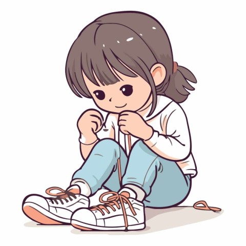 Little girl sitting on the floor and tying shoelaces.