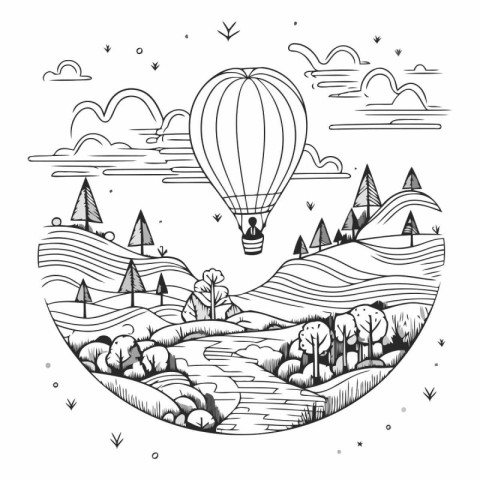 Hand drawn vector illustration of a hot air balloon flying over