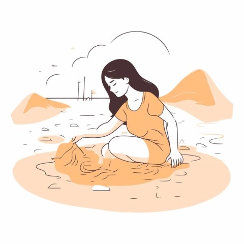 Young woman sitting on the sand and playing with the sand