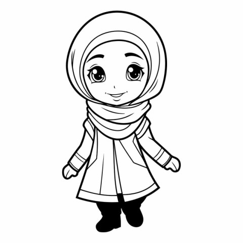 Cute Muslim girl in traditional clothes for coloring book.